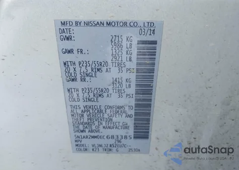 2014 Nissan Pathfinder Platinum from USA, damaged, VIN 5N1AR2MM0EC683385